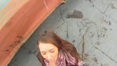 Slutty bitch gets nailed on the roof and sucks out his cum load