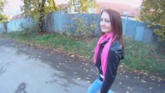 Marvelous redhead teen blows and fucks a long dick outside POV style
