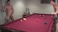 Three exciting gay friends engaging in hot anal sex on the pool table