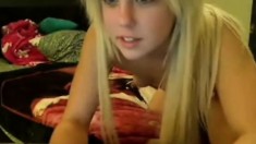 Blonde girl with her fuck machine behind the cam