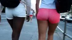 Black & White Girl Walking, Juicy bums in Tight Pink Shorts